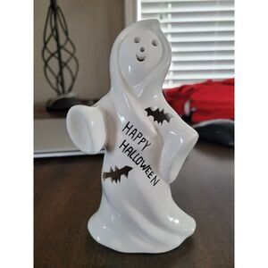 Happy Halloween Porcelain Ghost Figure w/Bat/Face Cutouts Candle Light-6" Tall